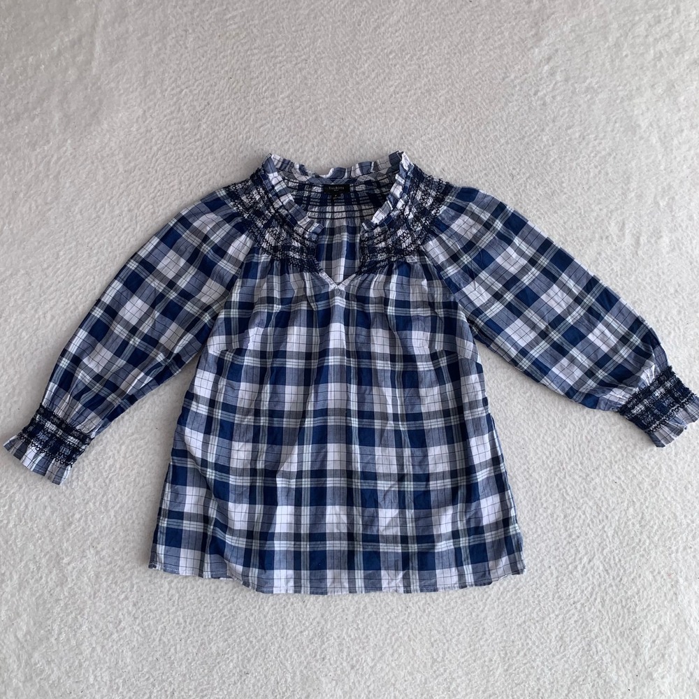 Talbots Petite Plaid Blouse Top Womens XS Smocked Neck 100% Cotton Blue White